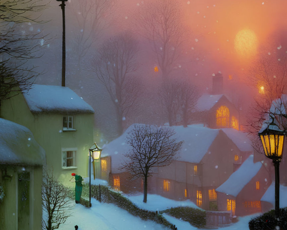 Snowy Twilight Village Scene with Glowing Lights and Falling Snowflakes