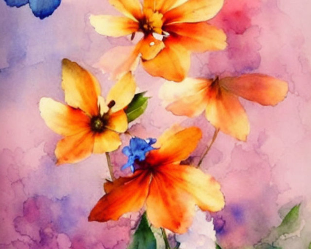 Vibrant orange and blue flowers in watercolor painting