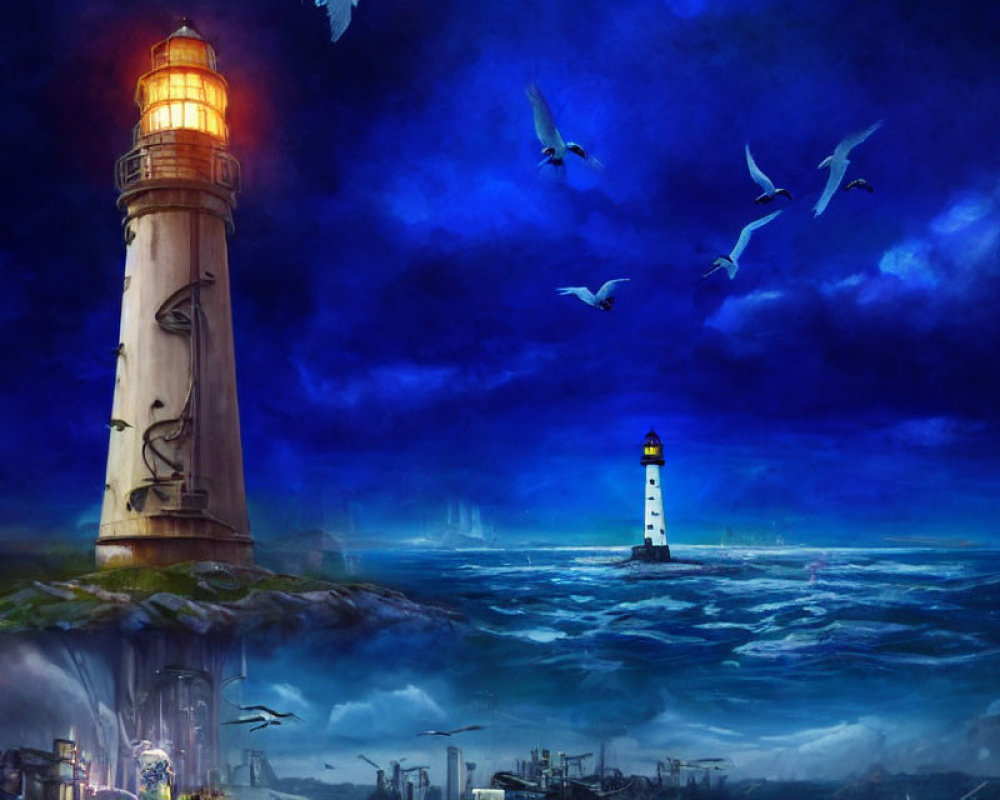 Digital Art: Contrasting Lighthouses in Stormy Sea with Lightning
