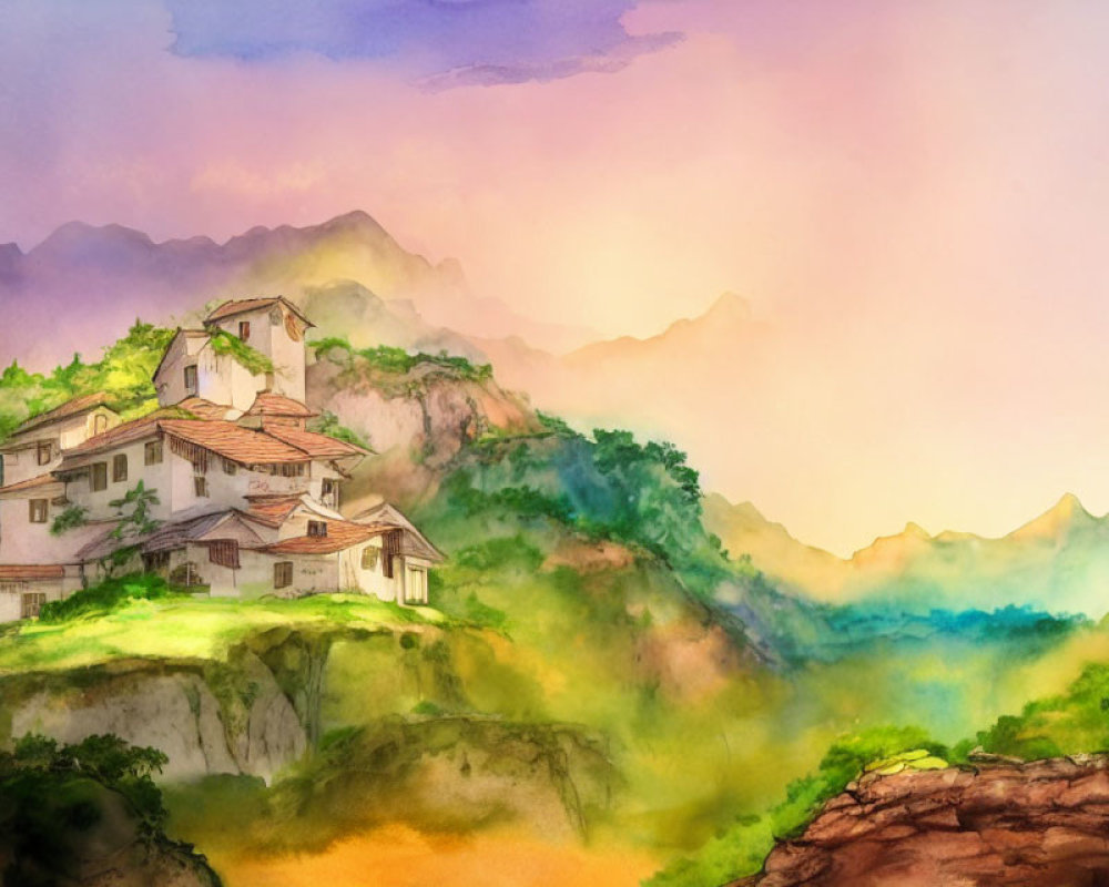 Scenic watercolor painting of village on hill with misty mountains