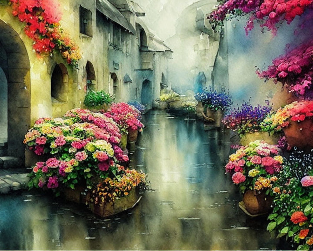 Colorful Watercolor Painting of Quaint Alley with Flowers and Stone Buildings