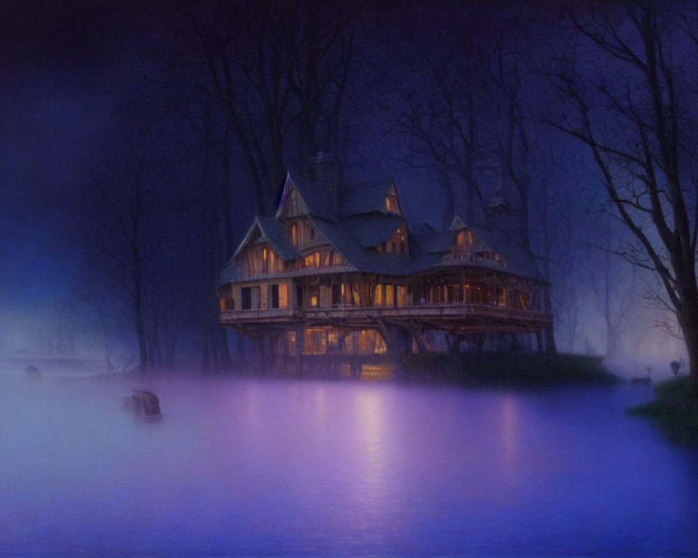 Victorian-style house in foggy twilight with trees and reflective water