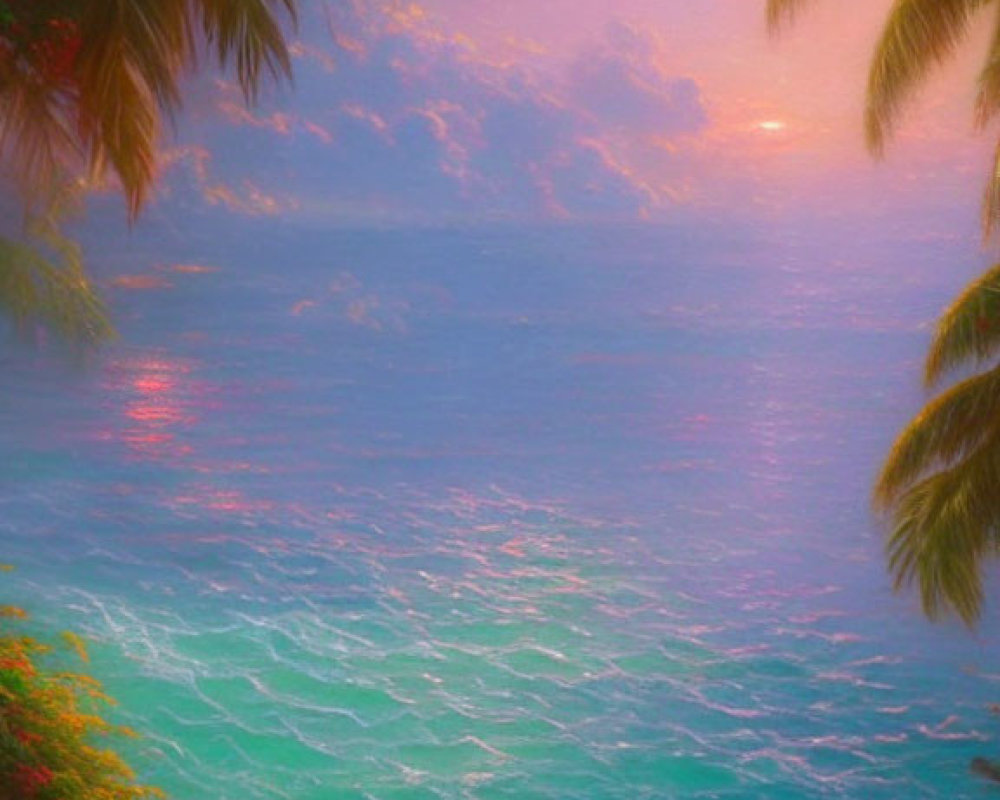 Scenic tropical sunset with ocean view and palm trees