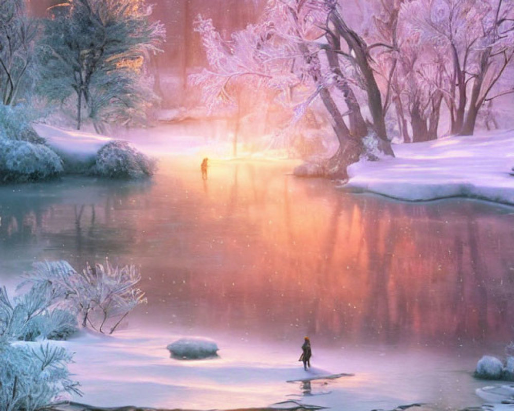 Snowy Twilight Landscape with Figures on Frozen River