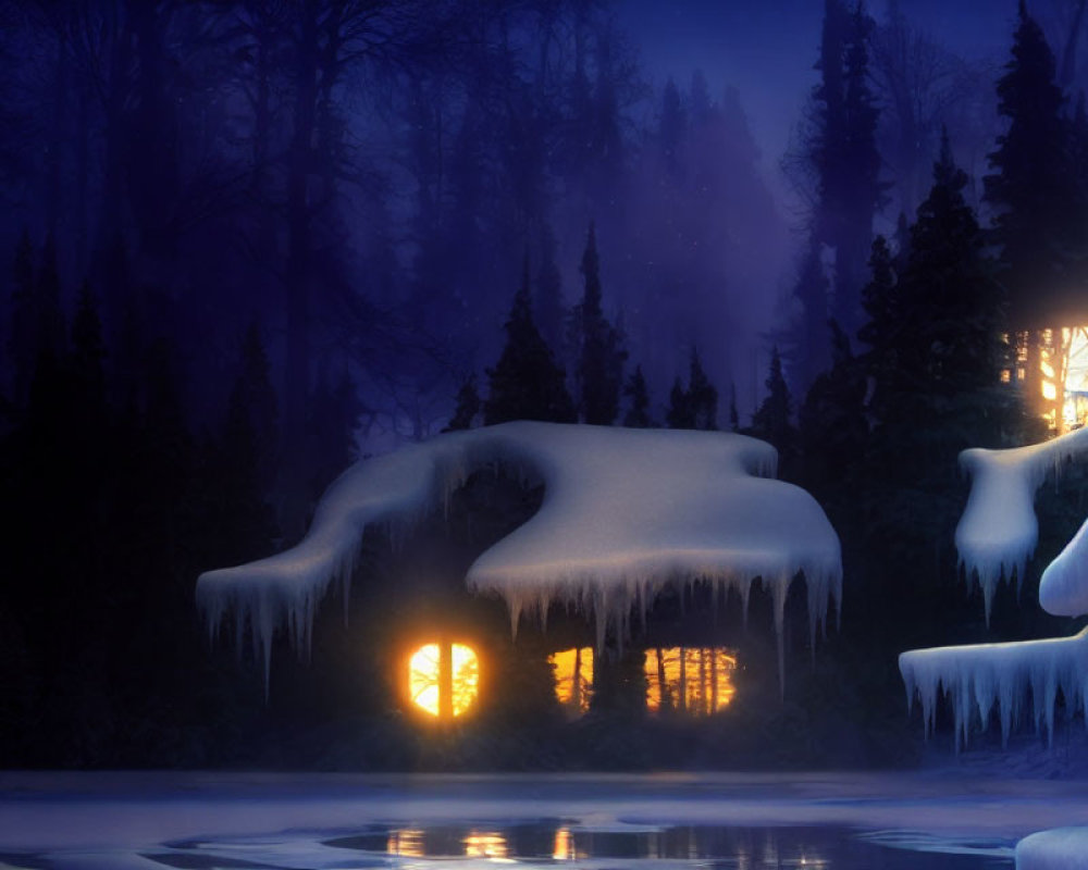 Snow-covered cabin in mystical winter forest under twilight sky