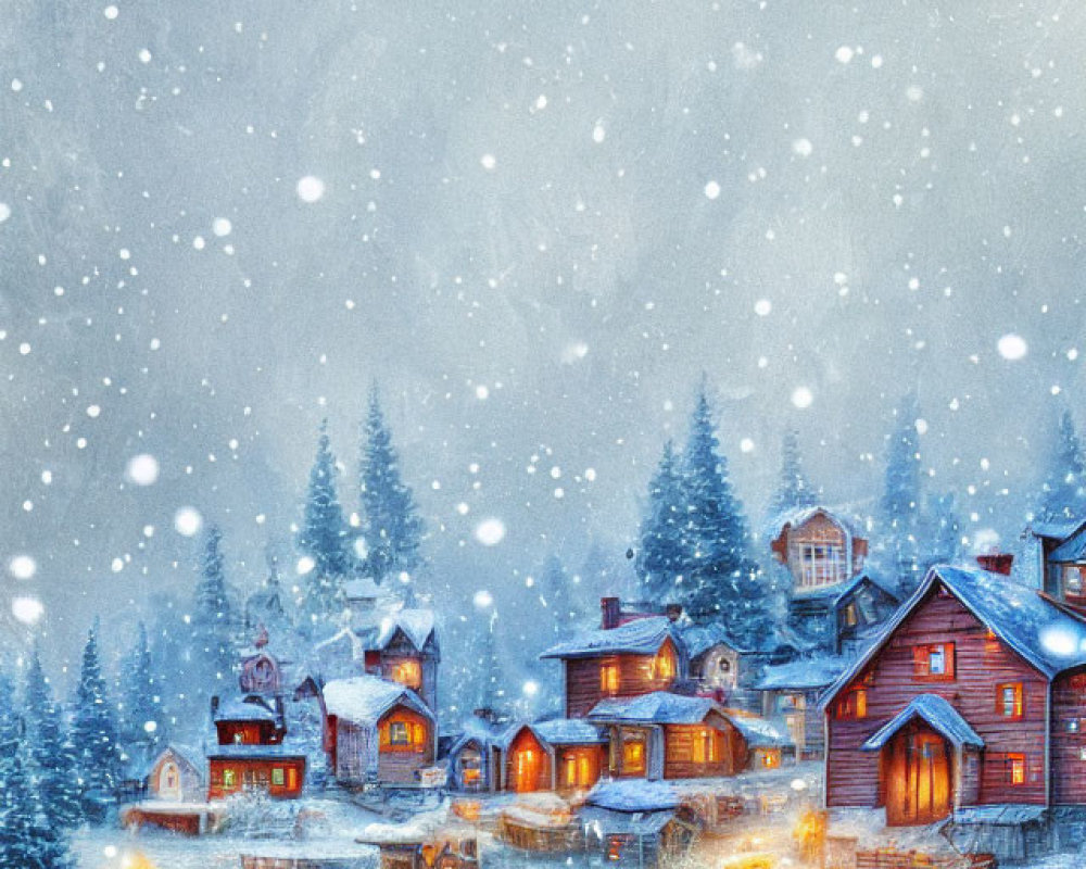 Snowy Winter Village Scene with Cozy Houses and Falling Snowflakes