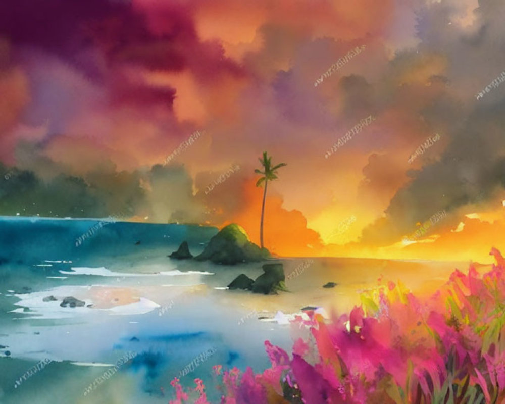Vivid Watercolor Painting: Tropical Sunset with Palm Tree Silhouette