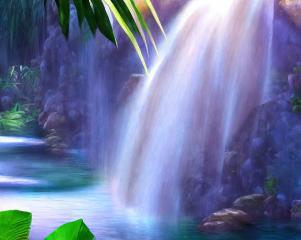 Tranquil waterfall in lush greenery with vibrant flowers