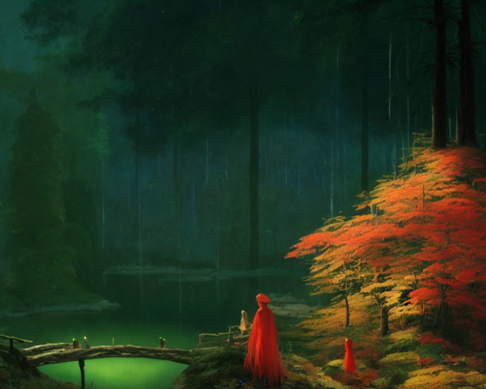 Tranquil forest pond with figures in red cloaks