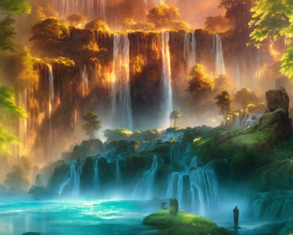 Majestic waterfall with multiple cascades in verdant forest