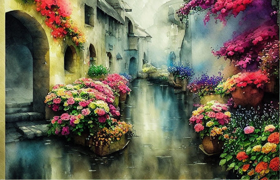 Colorful Watercolor Painting of Quaint Alley with Flowers and Stone Buildings