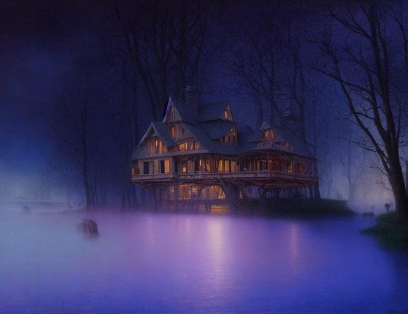 Victorian-style house in foggy twilight with trees and reflective water