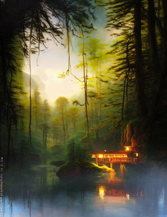 Tranquil forest landscape with misty island house and sunlight effects