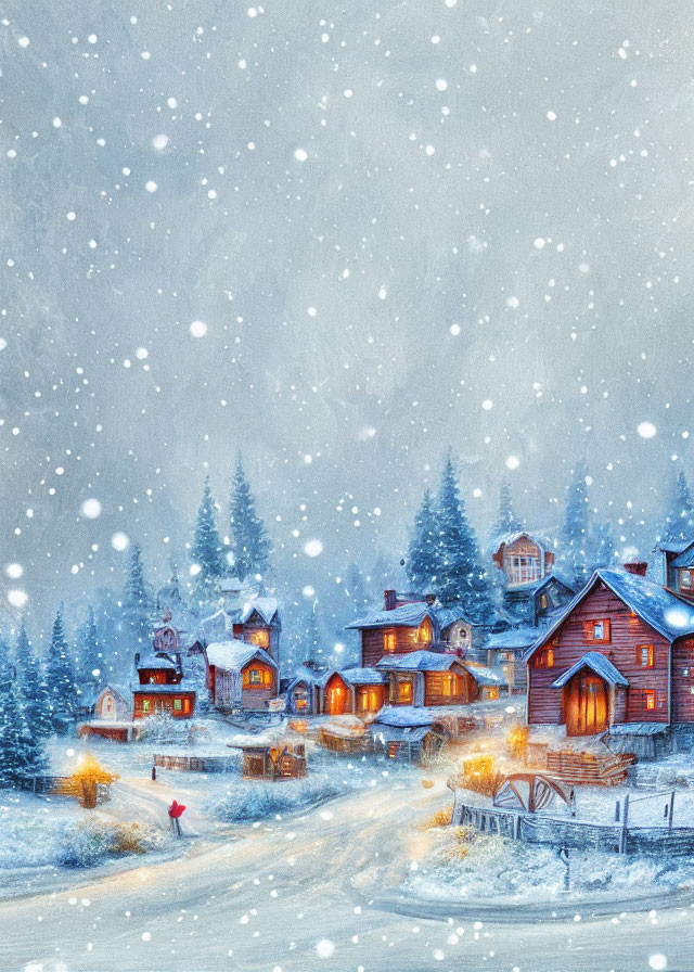 Snowy Winter Village Scene with Cozy Houses and Falling Snowflakes
