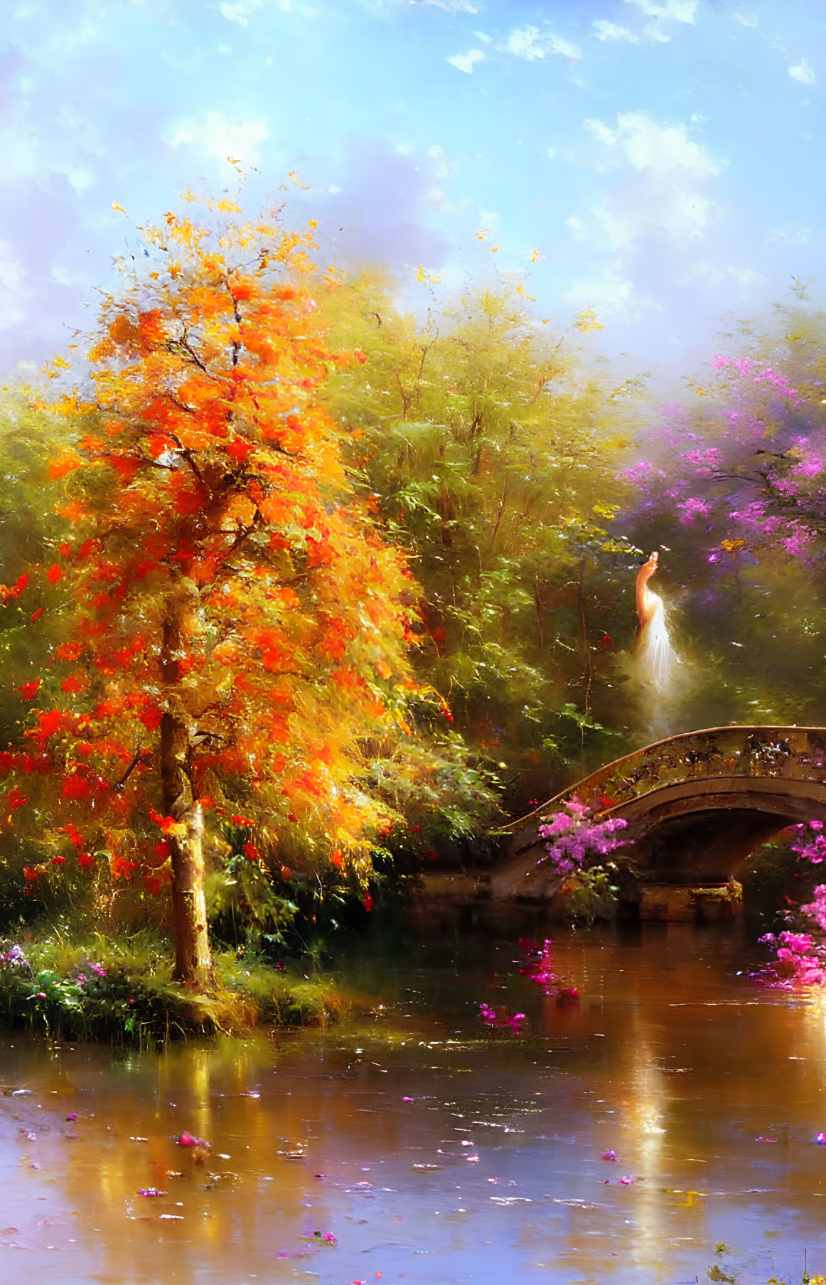 Colorful autumn landscape with bridge, river, and figure in white amidst lush foliage.