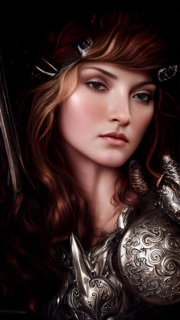 Auburn-haired woman in silver armor and circlet with regal warrior aura