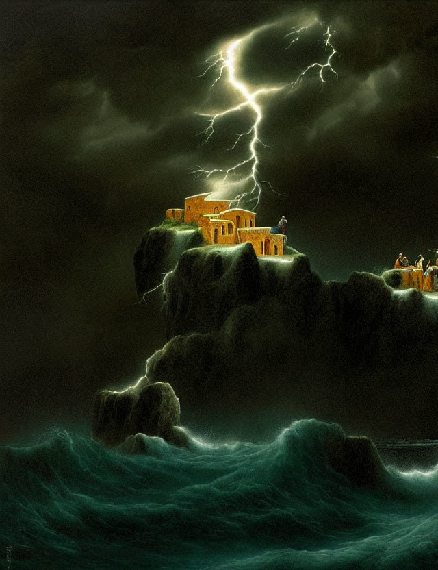 Stormy Night Seascape with Clifftop Houses and Lightning