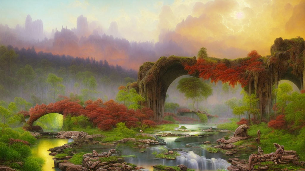 Serene fantasy landscape with stone bridge, red foliage, river, waterfalls, and misty sunset