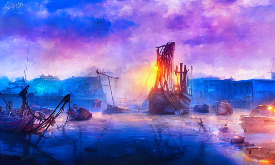 Vivid digital artwork of serene harbor scene at sunset