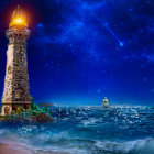 Digital Art: Contrasting Lighthouses in Stormy Sea with Lightning