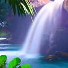 Tranquil waterfall in lush greenery with vibrant flowers