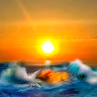 Colorful digital artwork: Sunset over turbulent ocean waves