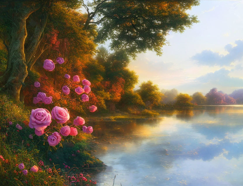 Tranquil riverside scene with pink roses, lush trees, and soft golden light