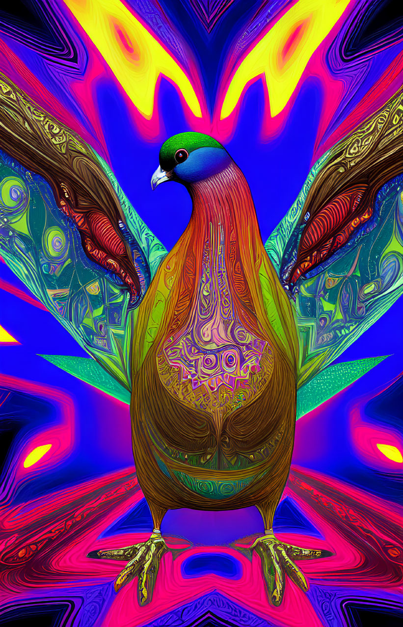 Colorful digital artwork of pigeon on psychedelic background
