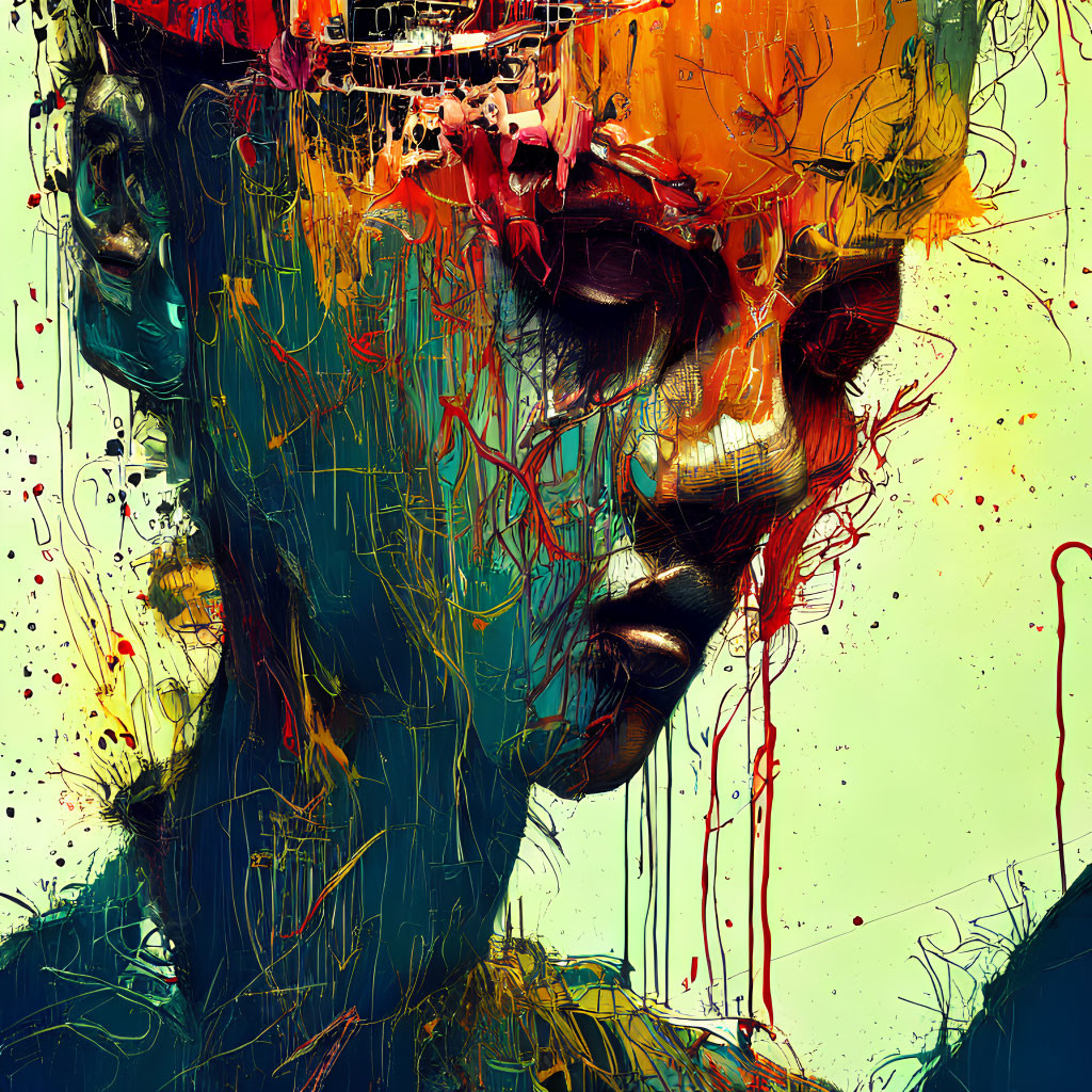 Colorful abstract art: merging faces with vibrant paint strokes