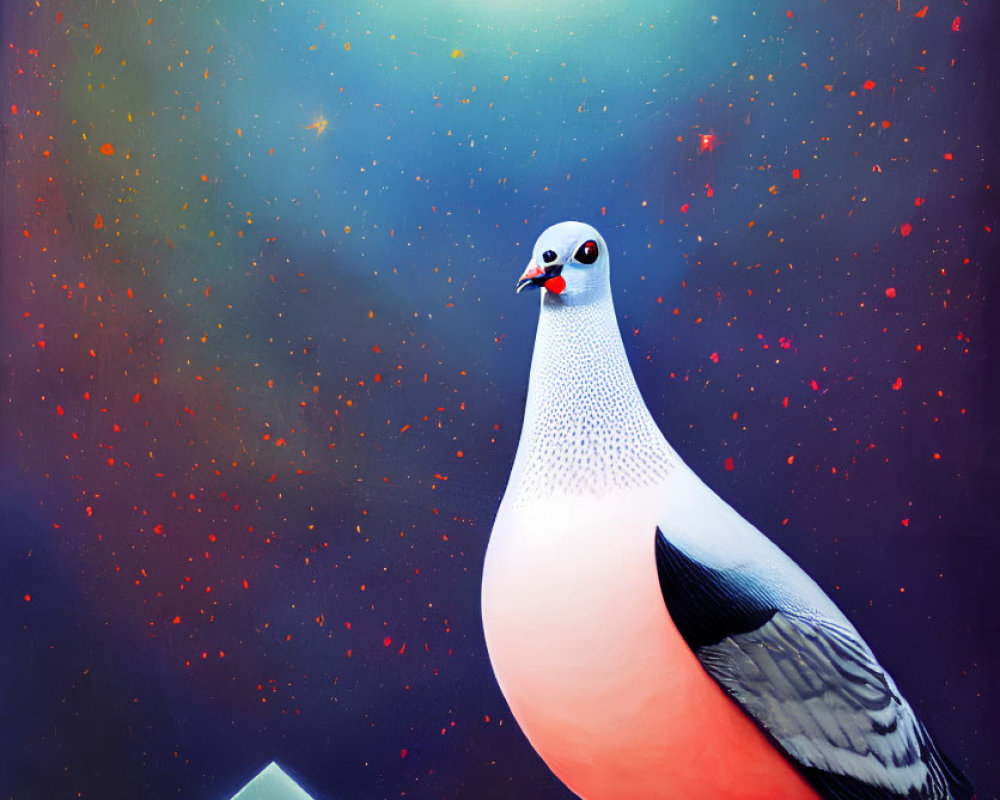 Surreal pigeon with humanoid face on geometric shape in cosmic setting