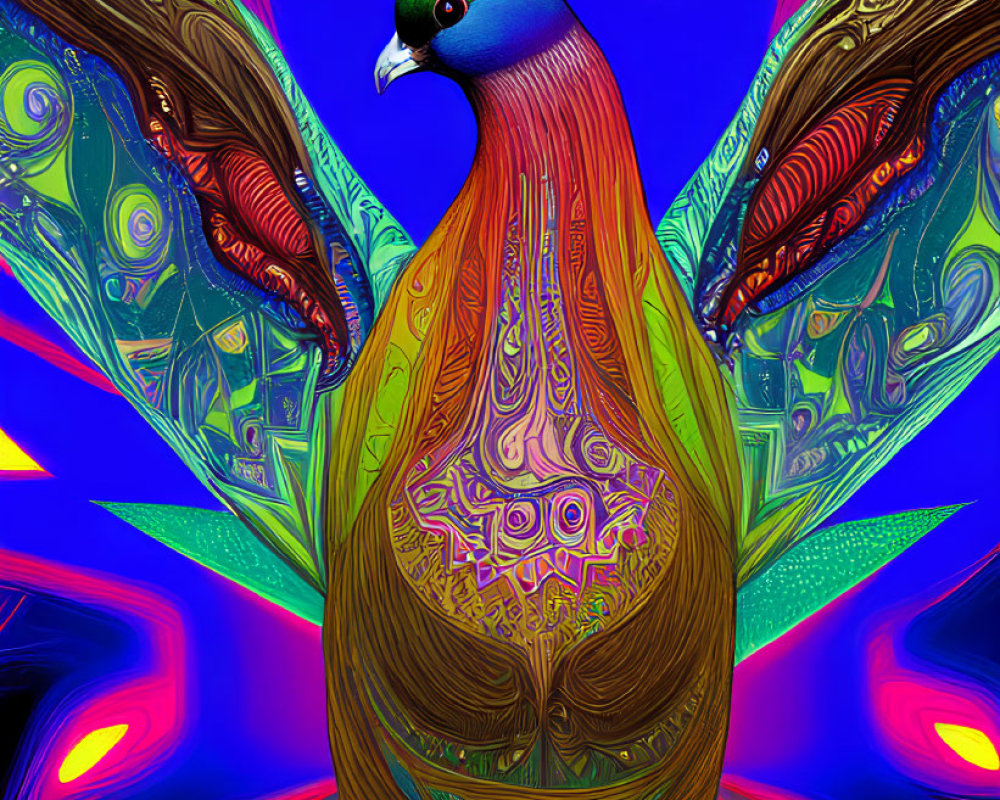 Colorful digital artwork of pigeon on psychedelic background