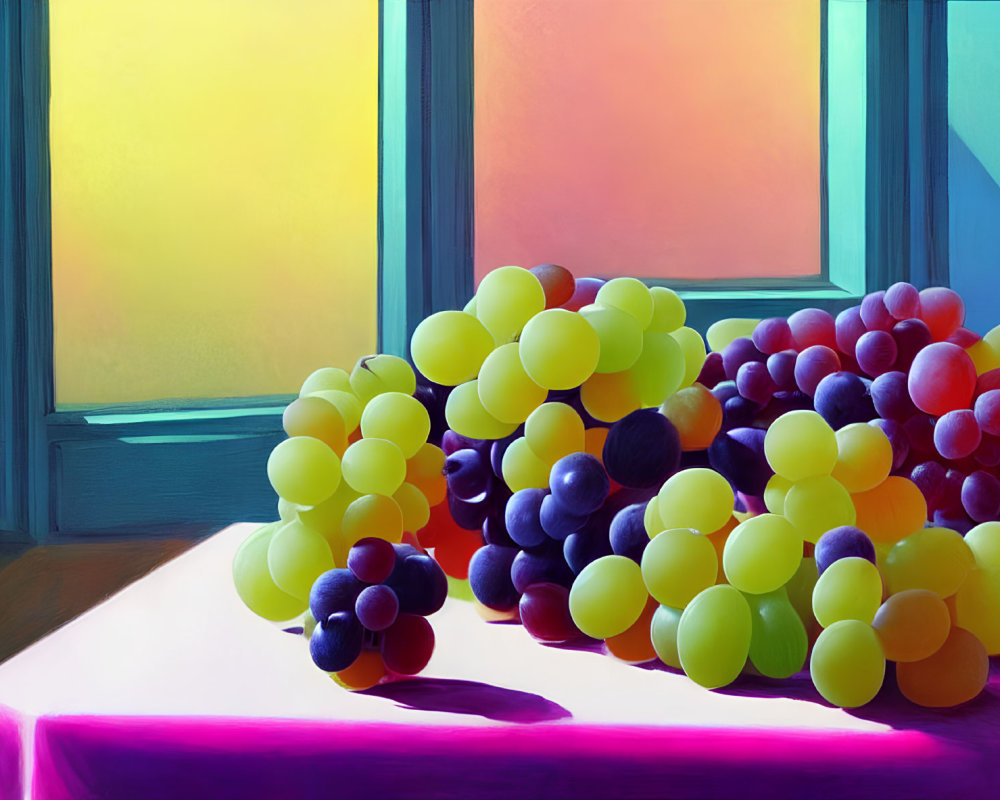 Colorful clusters of grapes on a table by a window in vibrant digital art