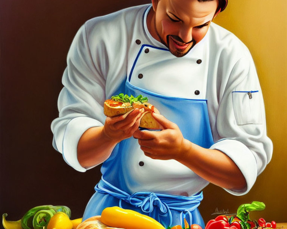 Smiling chef in white jacket admires fresh sandwich with vegetables