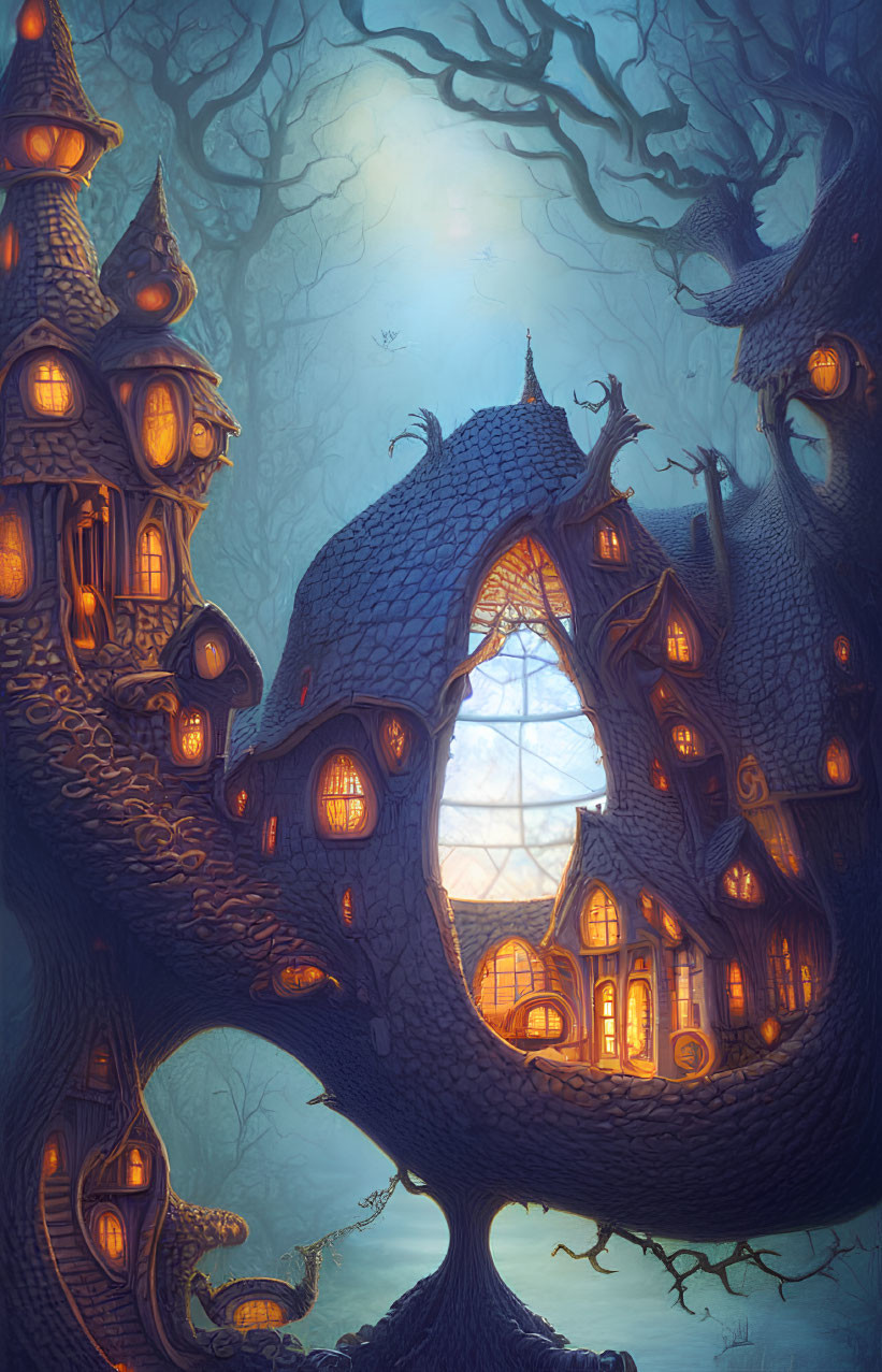 Enchanting Treehouse with Glowing Windows in Magical Forest