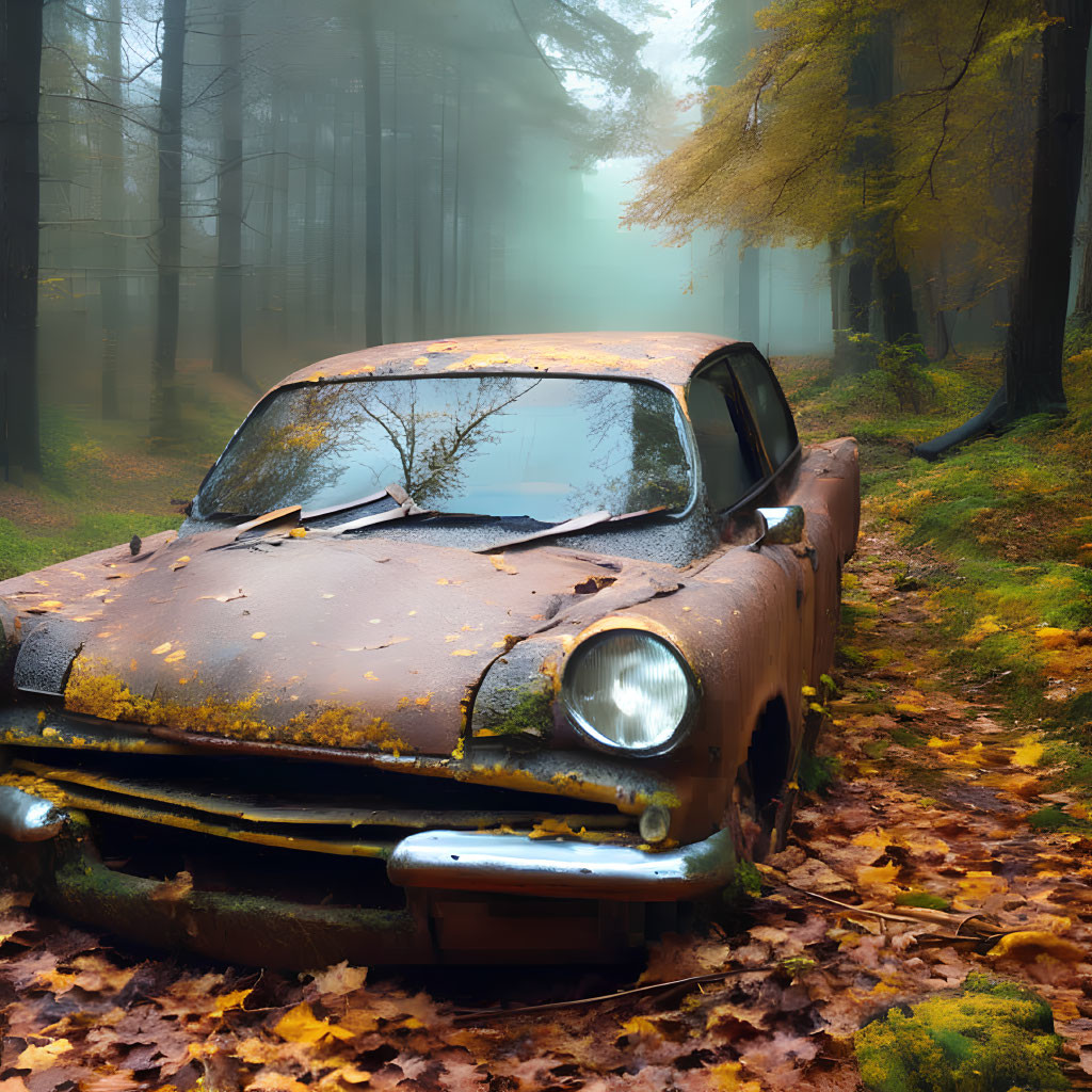 Rusty abandoned car covered in moss in misty autumn forest