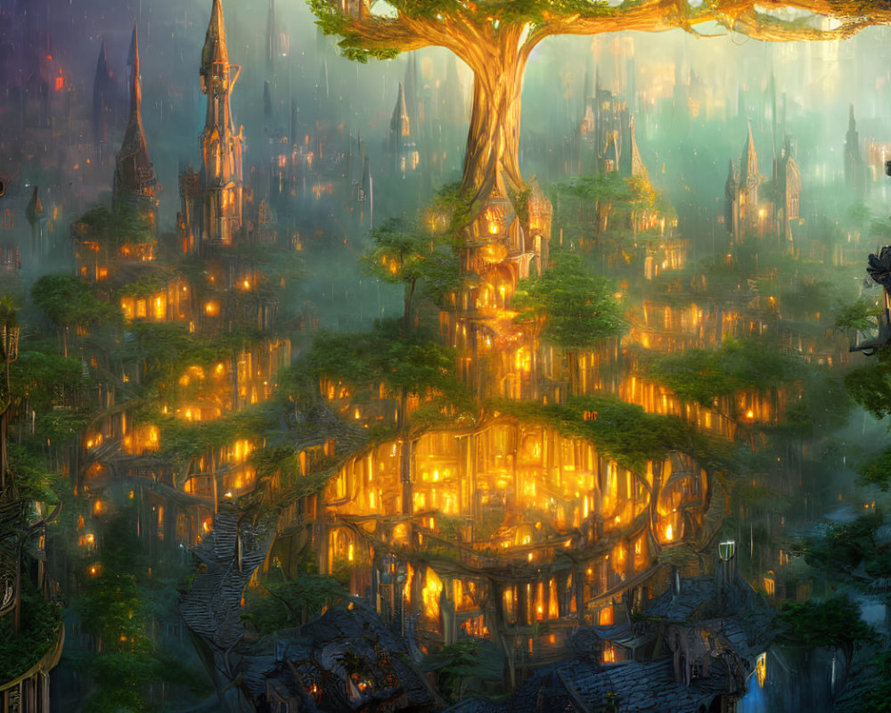 Fantasy city with glowing lights in lush forest by tranquil lake