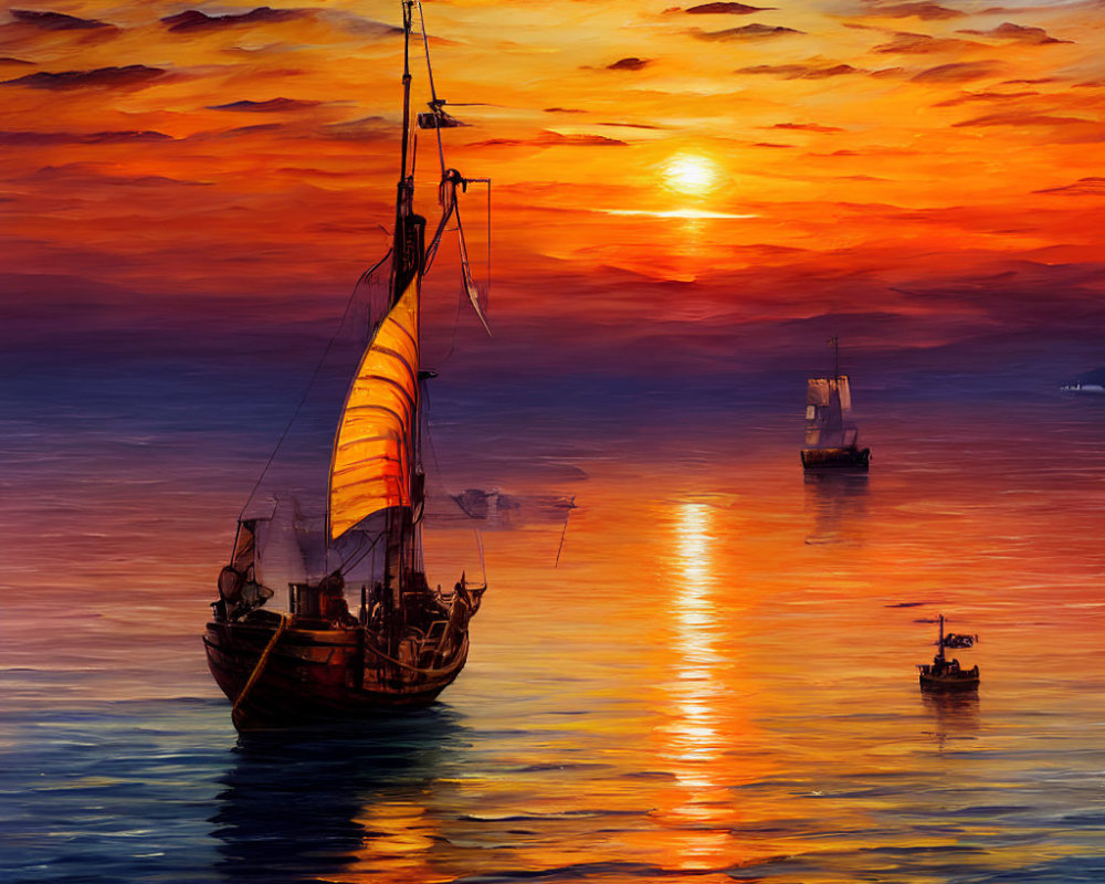 Colorful sunset over sea with sailboat and ships, warm hues reflecting.