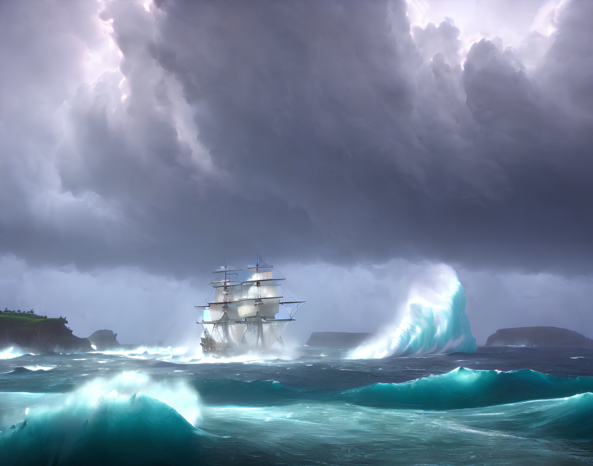 Majestic sailing ship in tumultuous seas under brooding sky