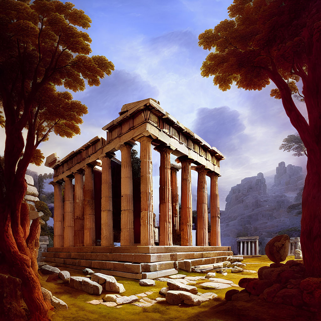 Ancient Greek Temple with Doric Columns in Forest Clearing