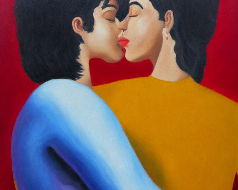 Romantic Kiss Painting: Yellow and Blue Figures on Red Background