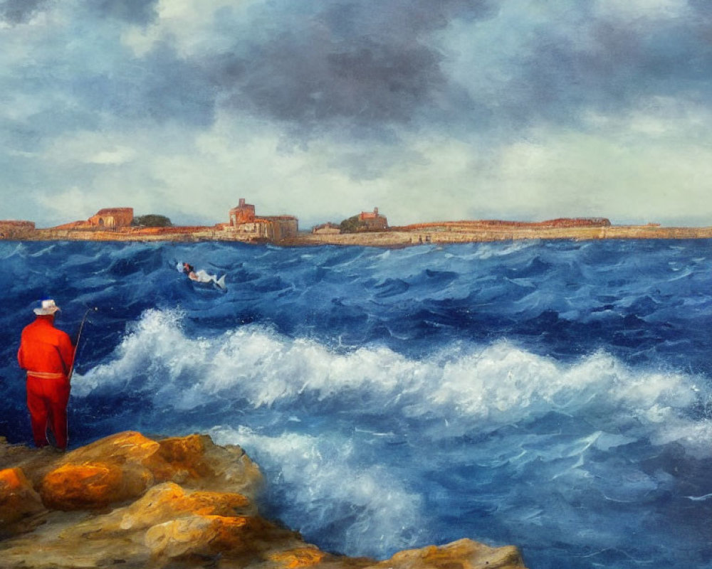 Figurative painting of person in red by choppy sea and cloudy sky
