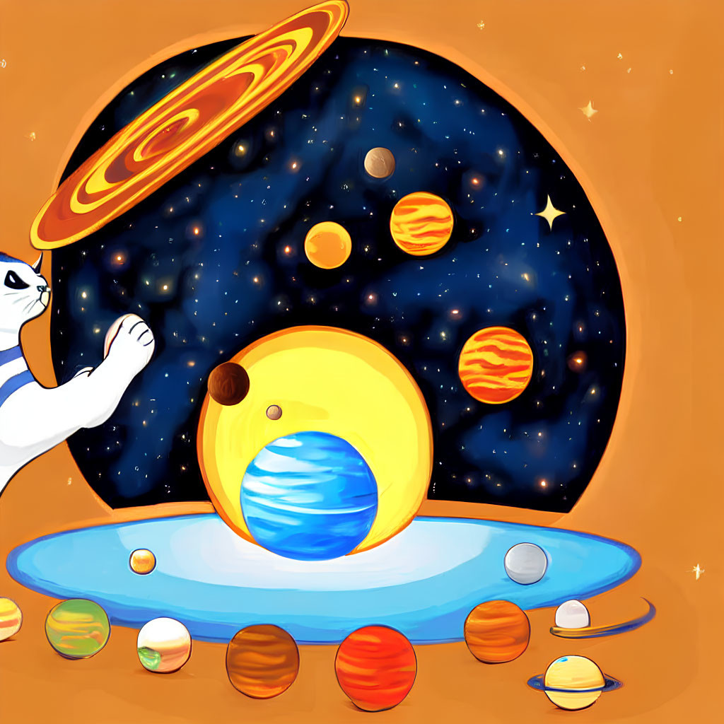 Cartoon polar bear with solar system and galaxies in cosmic backdrop
