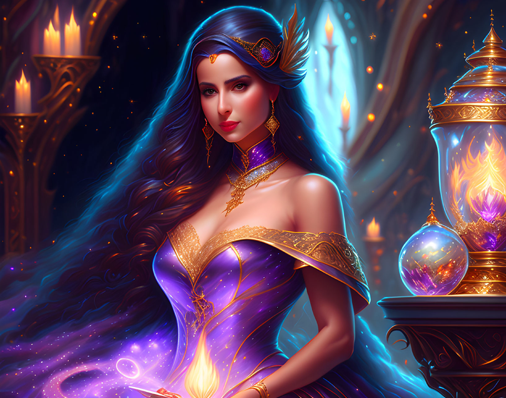 Illustrated fantasy woman with long wavy hair in purple dress next to glowing candles and mystical orb