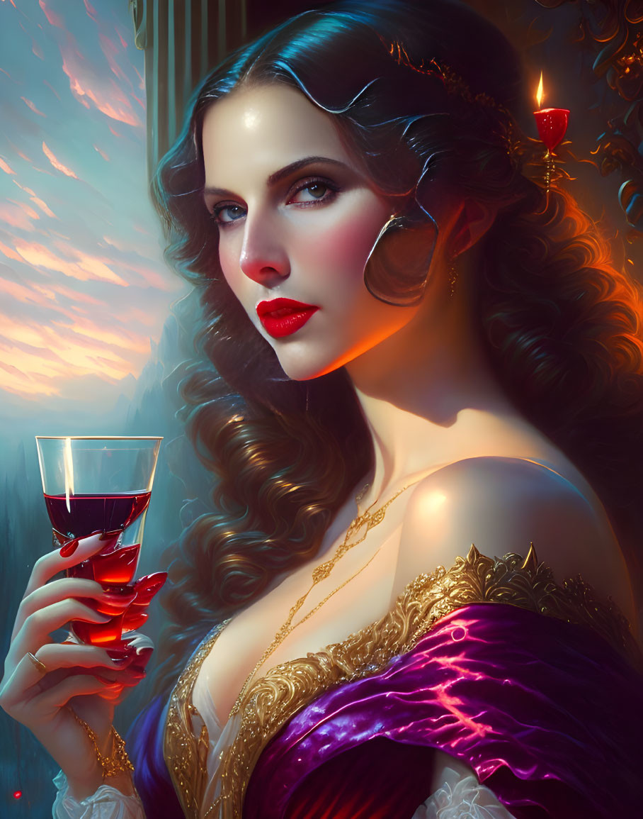 Sophisticated woman in purple dress with wine glass at sunset