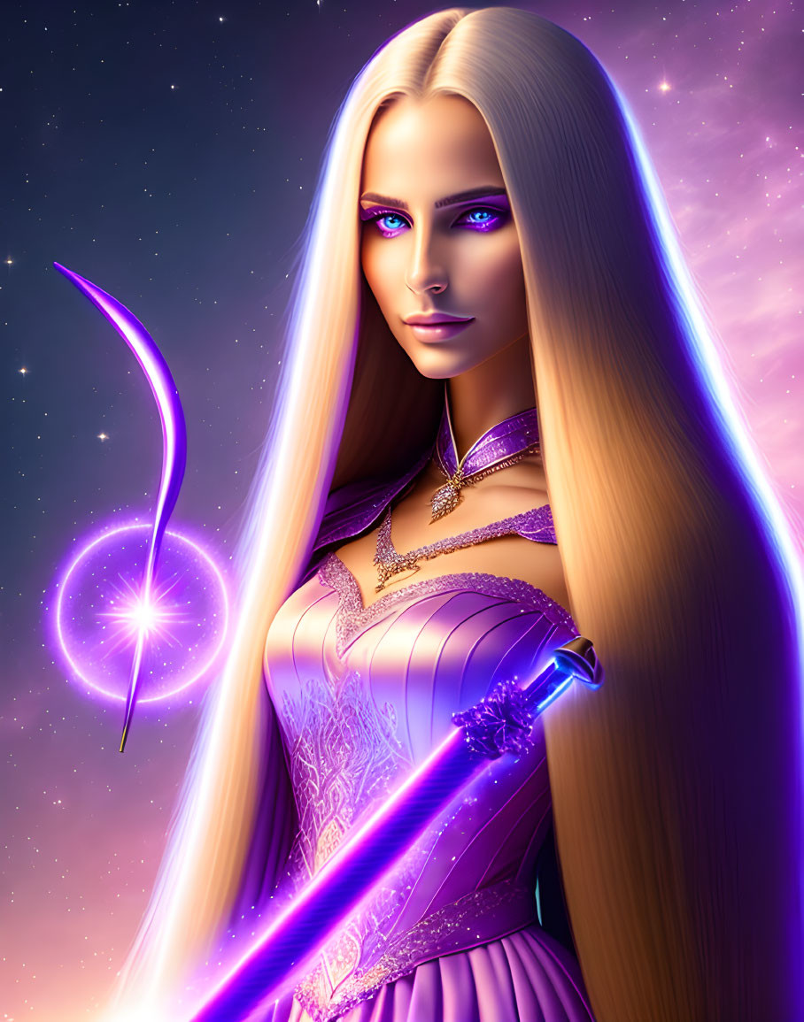 Illustrated woman with blonde hair and glowing wand in elegant gown on cosmic backdrop