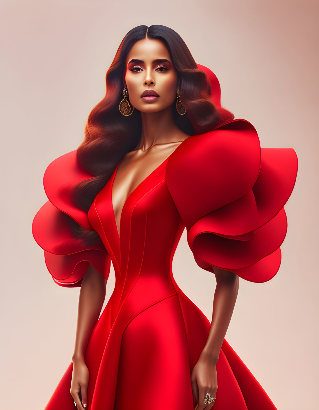 Digital artwork: Elegant woman in red dress with ruffled sleeves