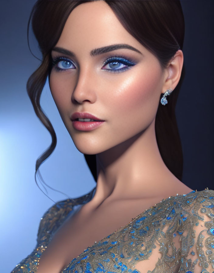 Blue-eyed woman in elegant makeup and ornate gown on soft blue backdrop