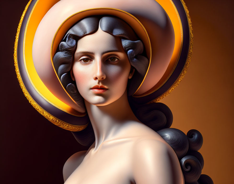 Digital artwork: Woman in stylized hat with bold swirls and gold accents on warm background
