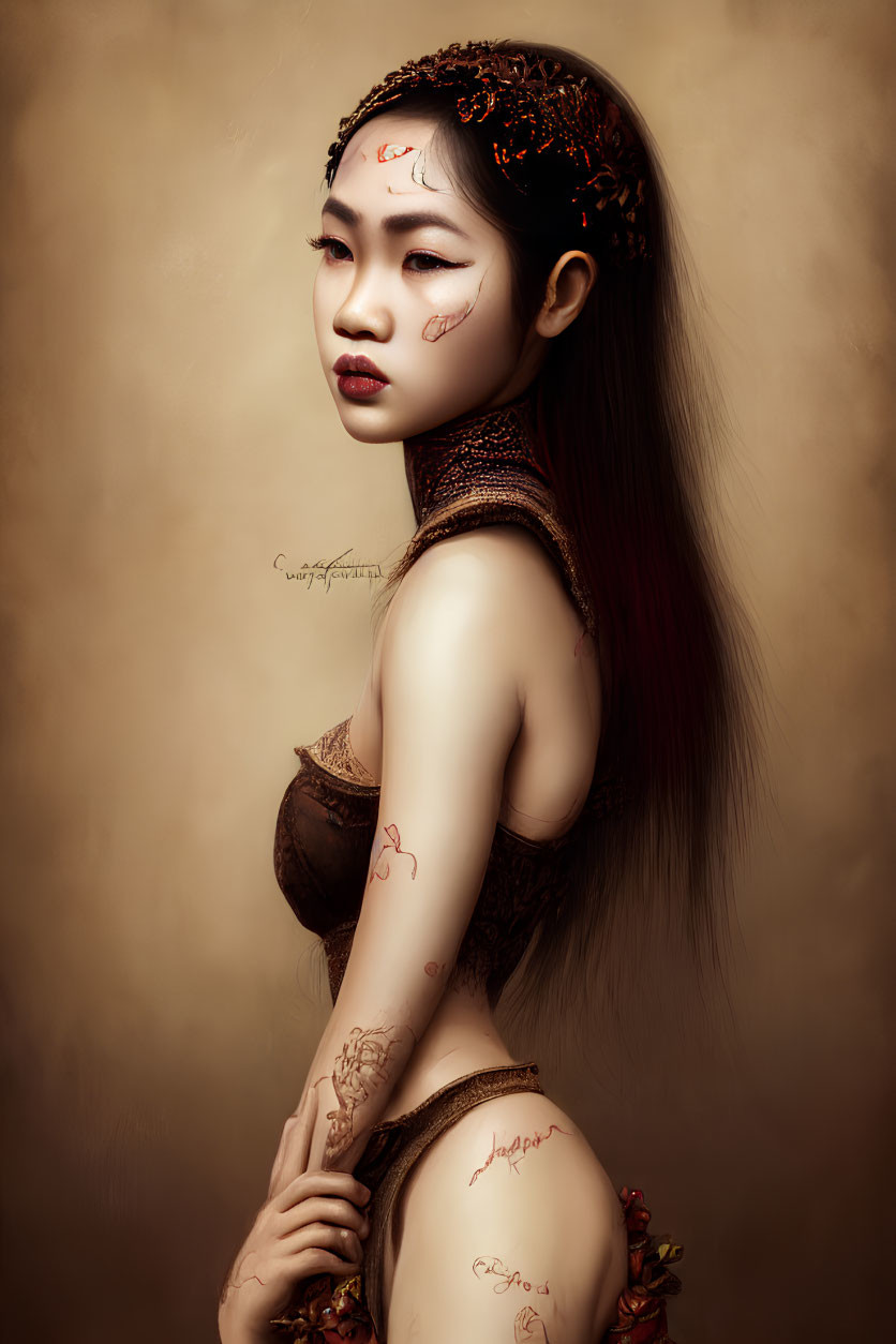 Digital painting: Woman with long dark hair, red and gold headpieces, tattoos, posing on sep