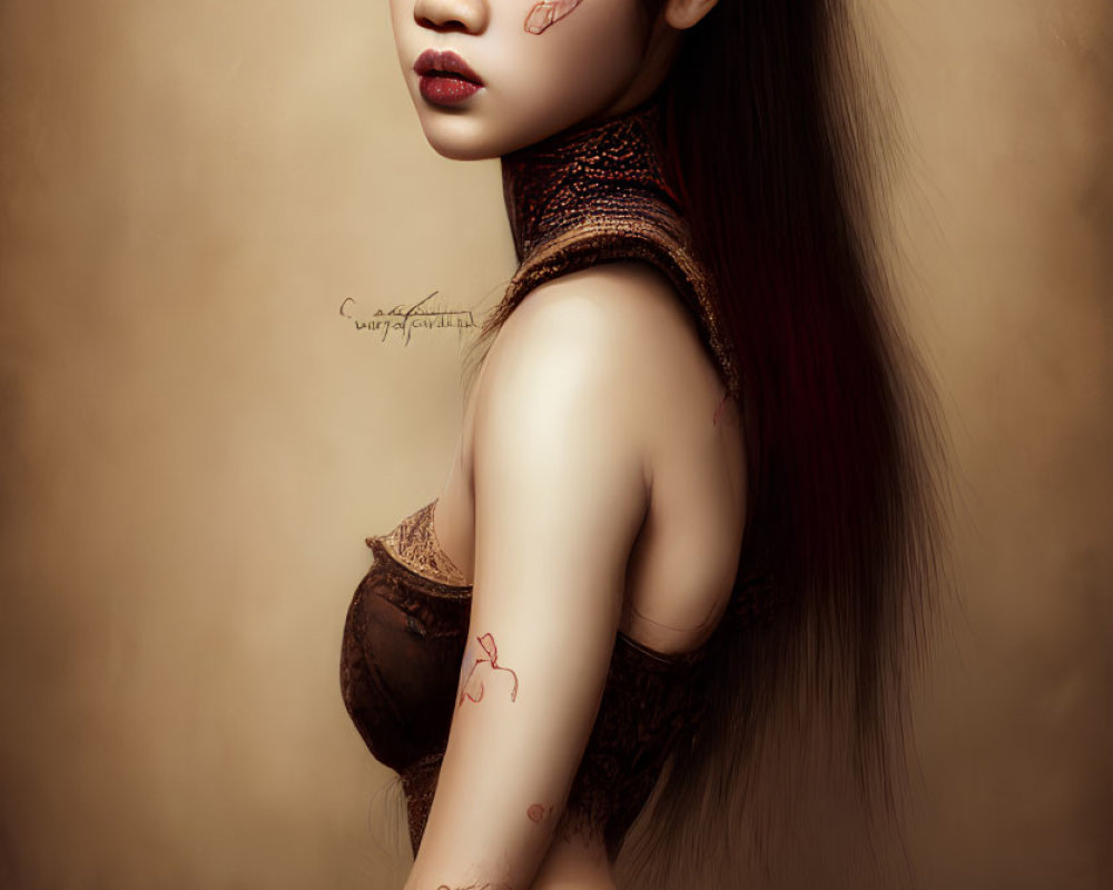 Digital painting: Woman with long dark hair, red and gold headpieces, tattoos, posing on sep